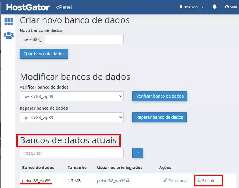 Removendo o banco de dados do WordPress do cPanel