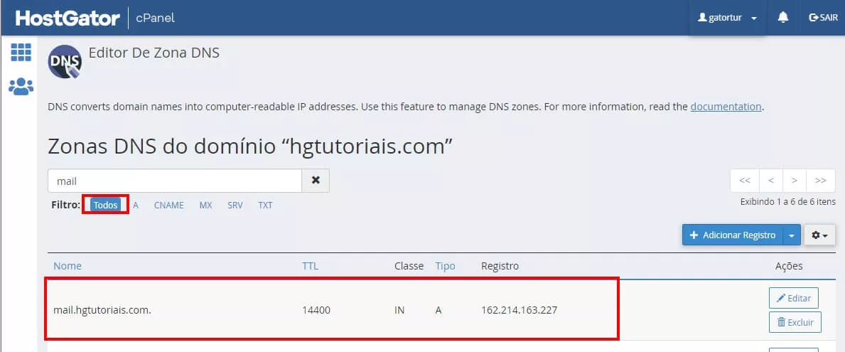 zona dns cpanel filtro por palavra mail