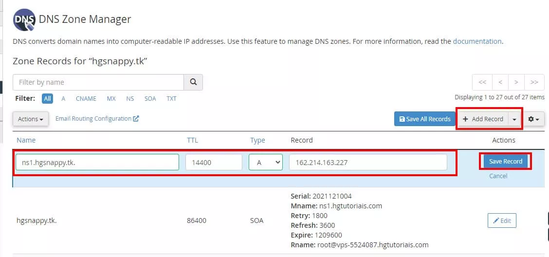 Configurando os apontamentos personalizado de um domínio pelo WHM