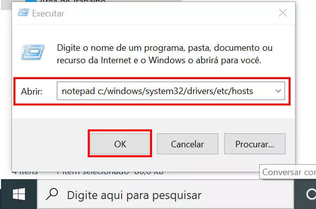 abrindo o arquivo hosts com o notepad pelo executar do windows