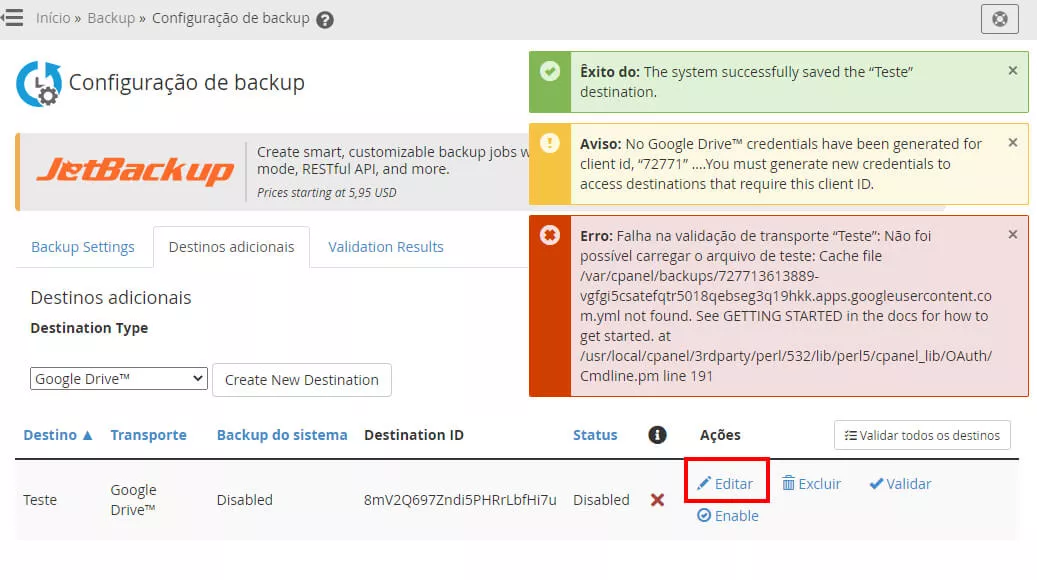 Editando o backup no google drive pelo WHM