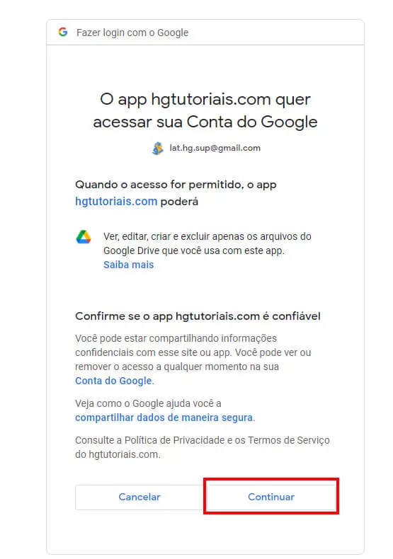 Autorizando os backups no drive