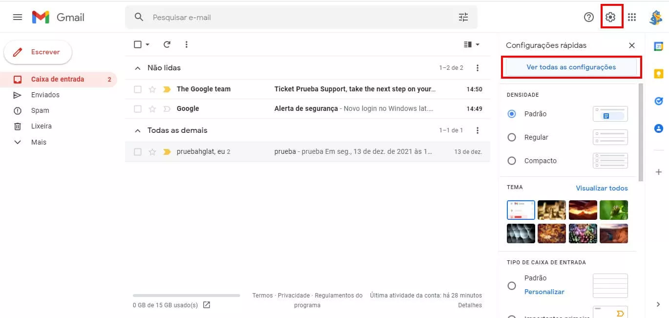 tela do gmail principal, engrenagem