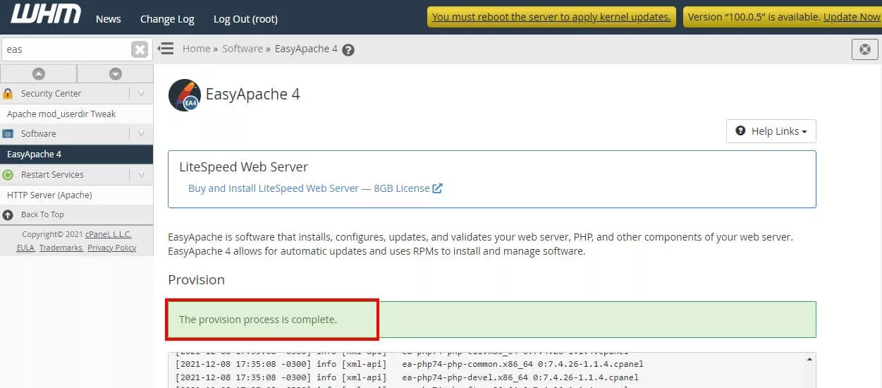 Provision feito com sucesso pelo EasyApache 4