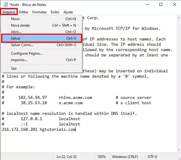 Salvando a edição do arquivo hosts