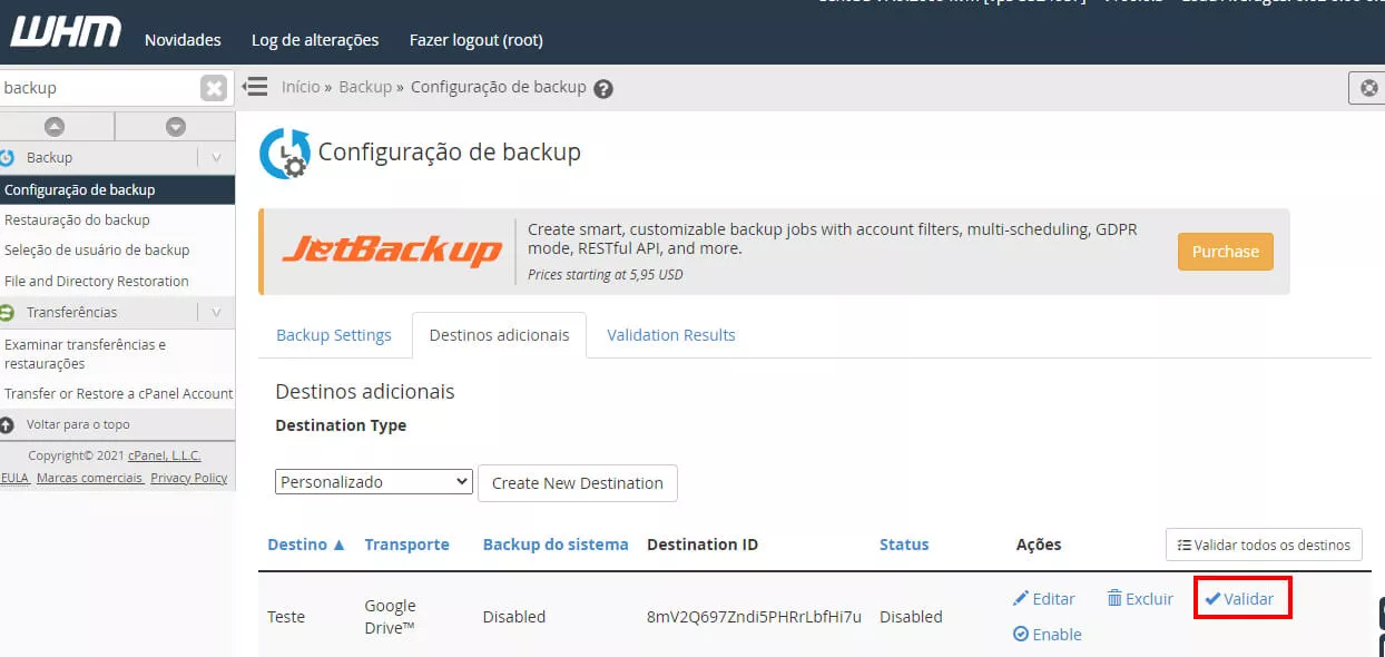 Validando o backup no google drive WHM