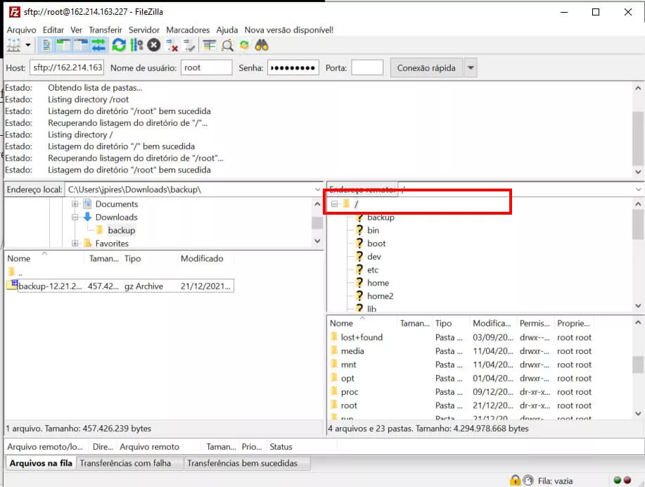 Filezilla acessando o diretório raiz