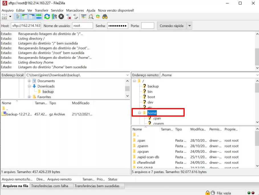 Filezilla acessando o diretório /home