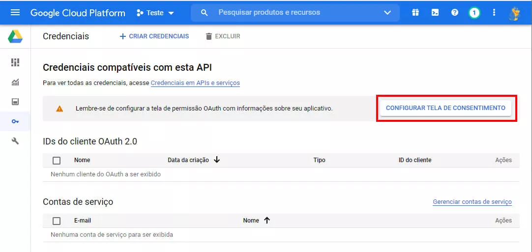 Configurando o consentimento da api no Google Cloud