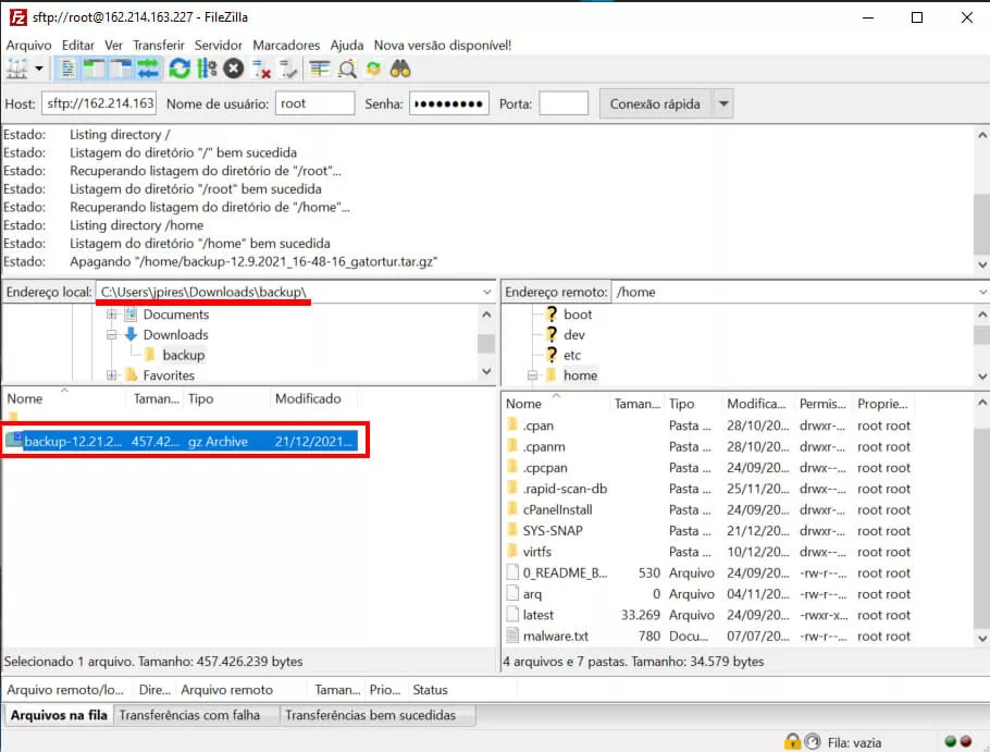 Filezilla localizando o arquivo de backup do cPanel
