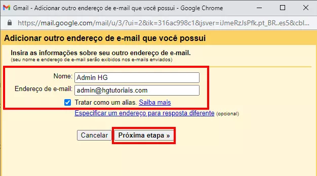 inserindo nome e endereço da conta cpanel no gmail