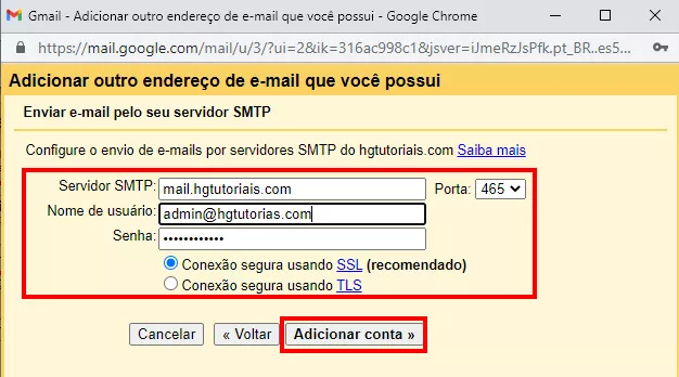 inserindo servidor e senha da conta cpanel no gmail