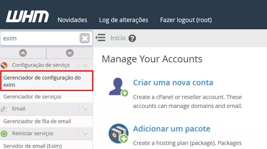 Gerenciador de configuração do exim WHM para bloquear spam no servidor