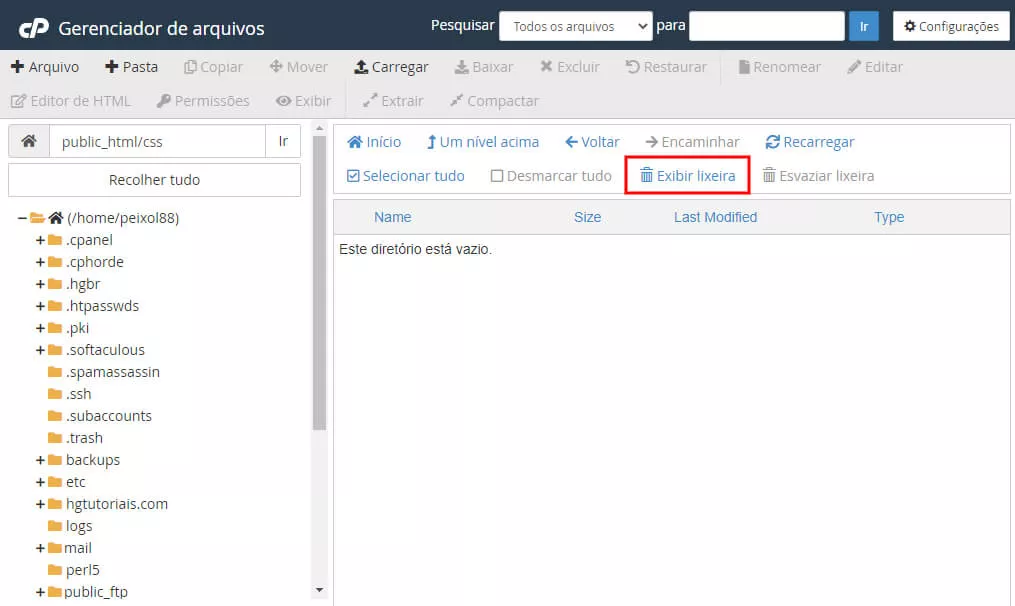 exibir a lixeira do gerenciador de arquivos cpanel para remover malwares da hospedagem