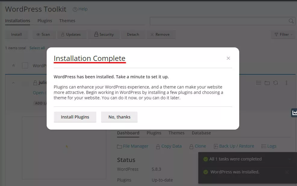 Instalação bem sucedida do WordPress pelo WordPress Toolkit