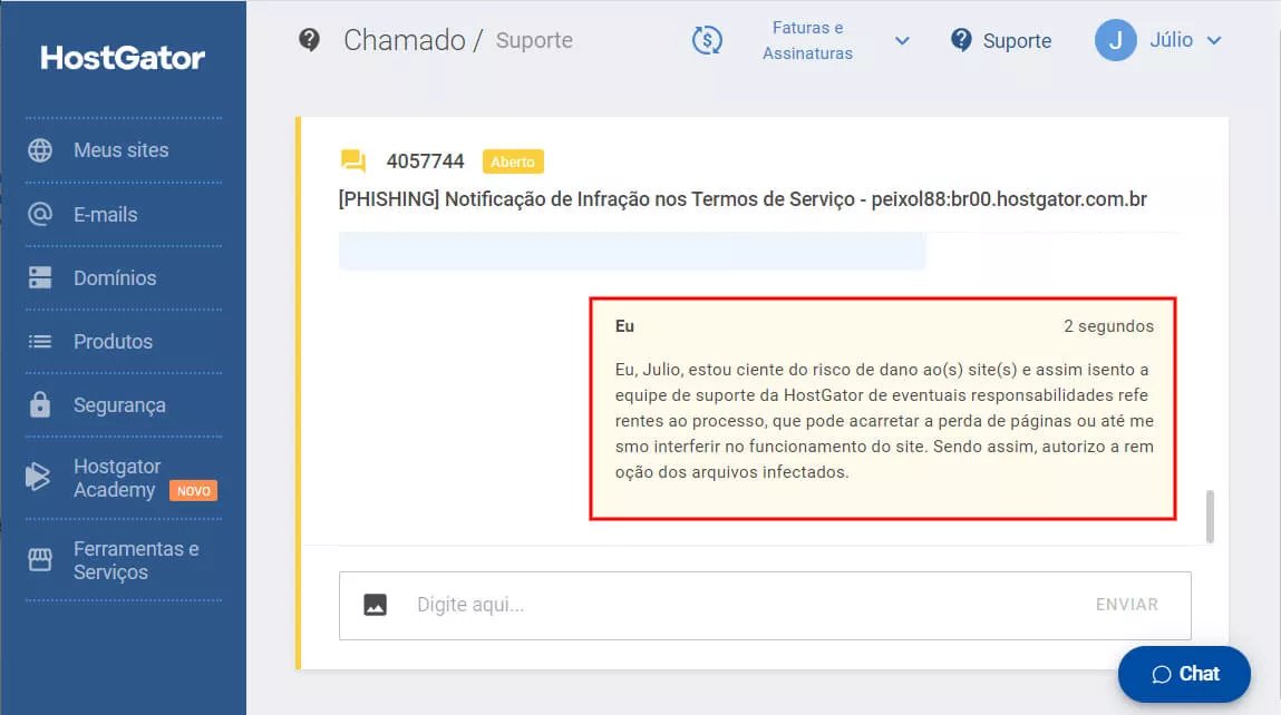 Solicitando a remoção dos arquivos infectados pela HostGator para remover malwares da hospedagem