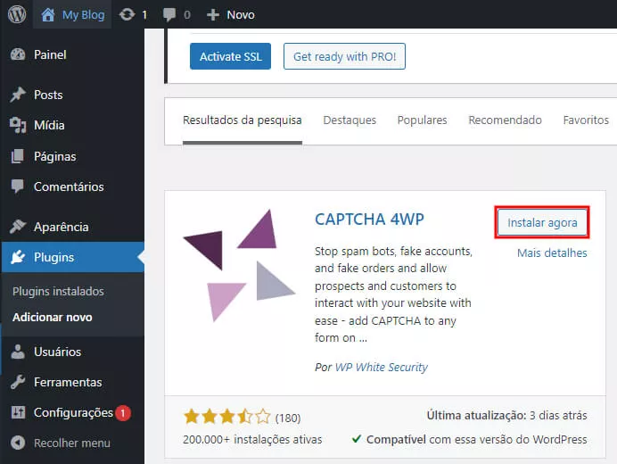 instalando plugin CAPTCHA 4WP no WordPress