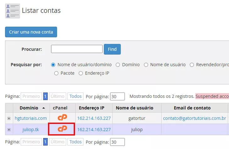 acessando o cPanel de uma conta no WHM