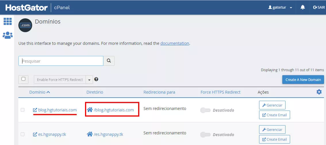 acessando um diretório pela aba domínios do cpanel