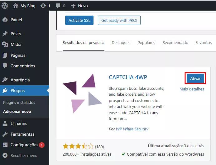 Ativando plugin CAPTCHA 4WP
