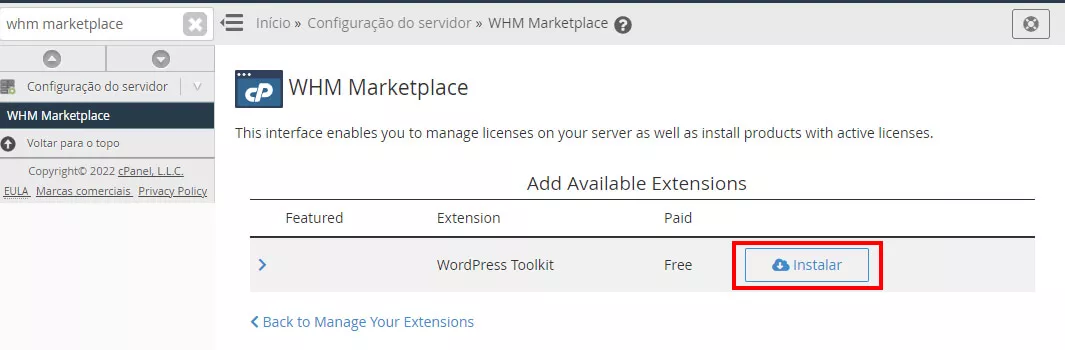 Instalando o WP Toolkit no WHM
