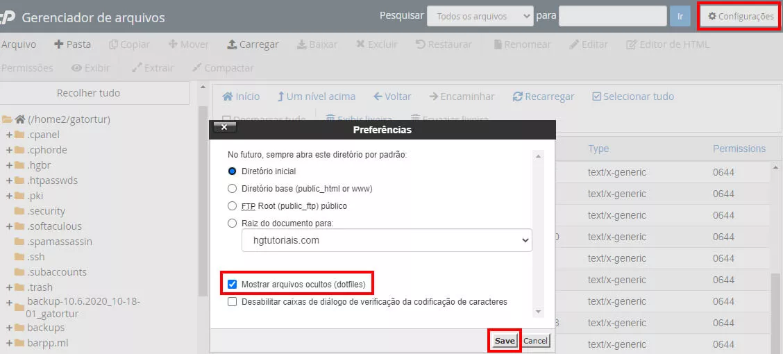 habilitando arquivos ocultos no gerenciador de arquivos do cPanel