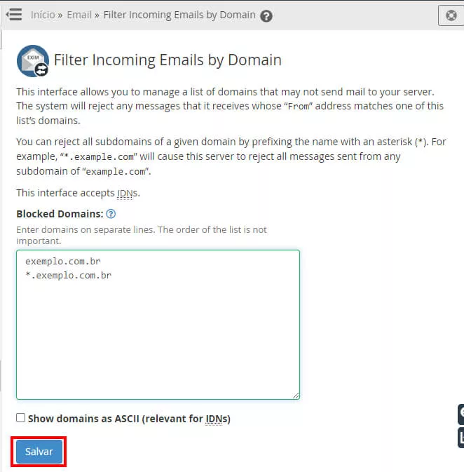 Inserindo regras de bloqueio na lista de bloqueios de domínios no WHM