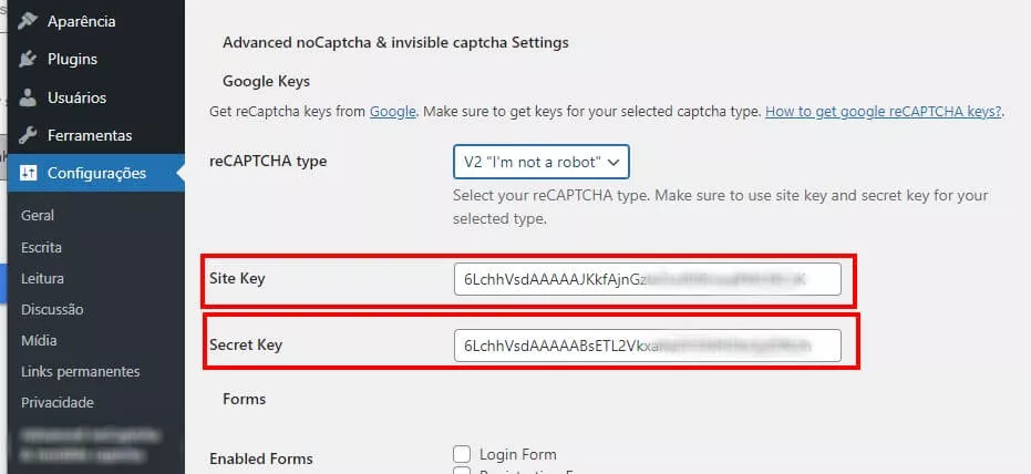 keys salvas no plugin de captcha