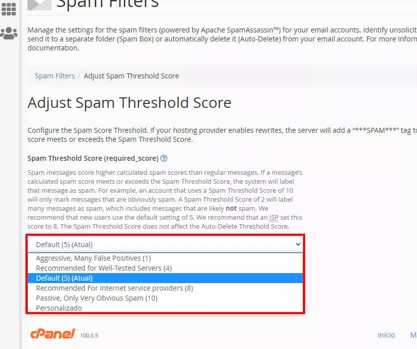 tela de score do SpamAssassin