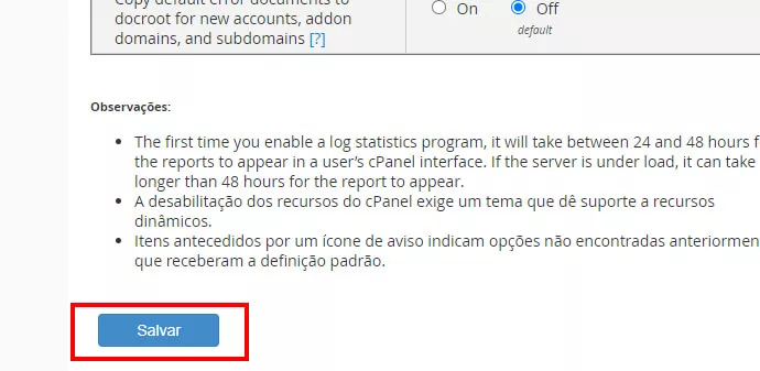 Salvando as edições no WHM>Ajustar Configurações
