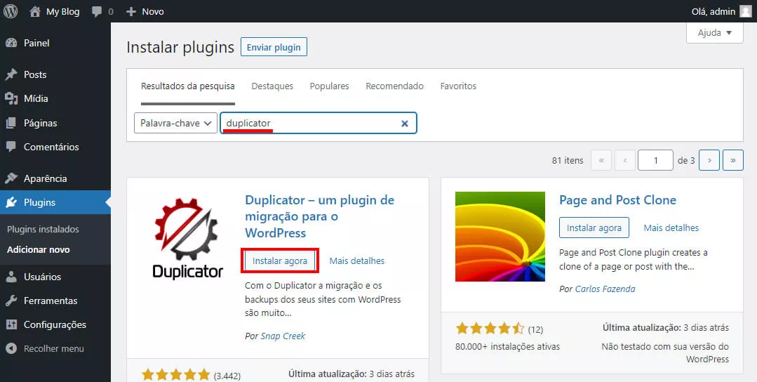 adicionando plugin duplicator no wordpress para migrar