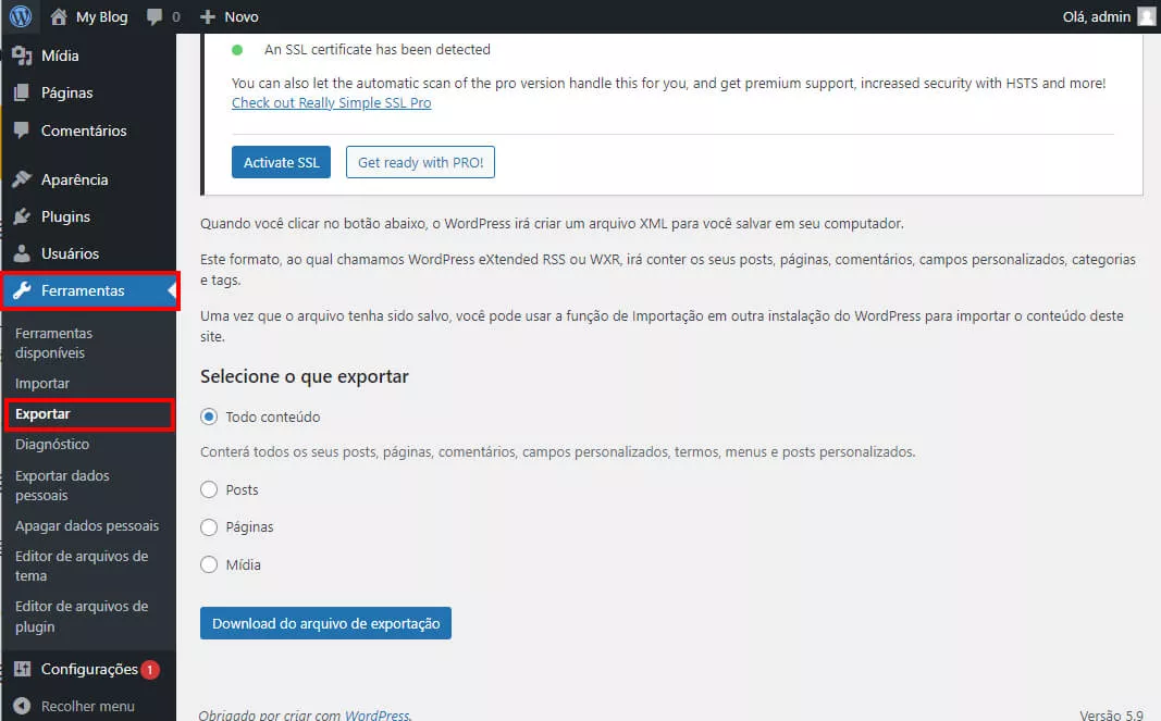 Acessando o menu Ferramentas>exportar no wp-admin