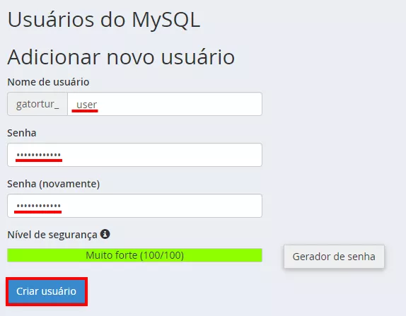 criando um usuario de banco de dados no menu banco de dados MySQL