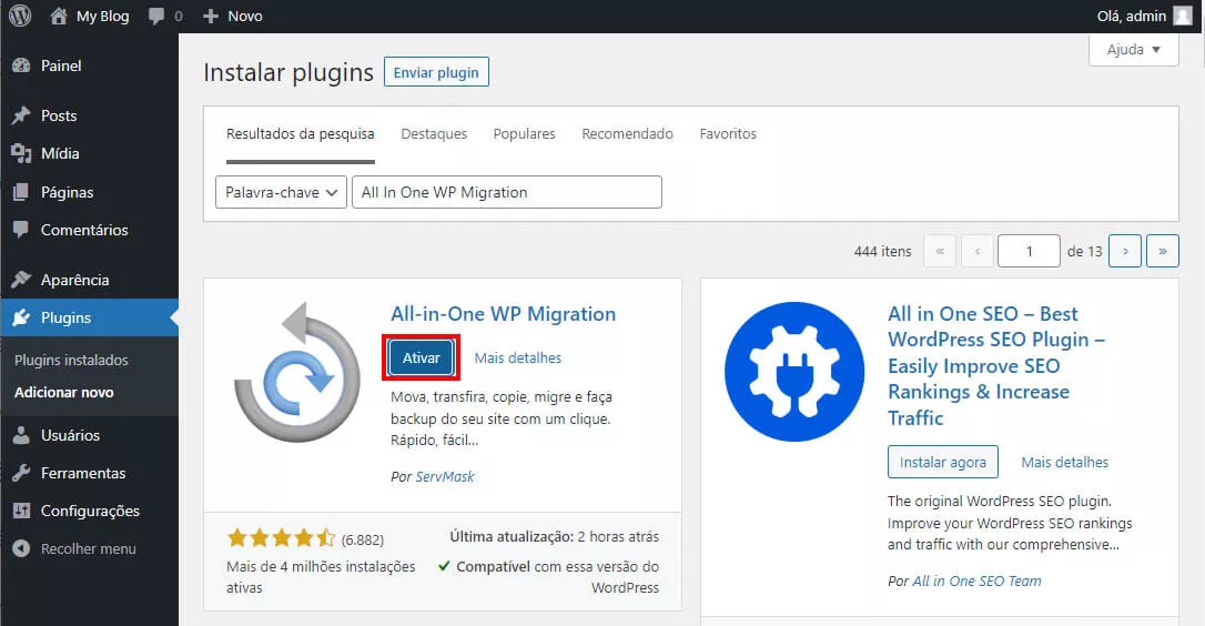 ativar o plugin all in one wp migration