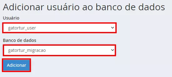 vinculando o usuario e banco recem criados no menu banco de dados MySQL