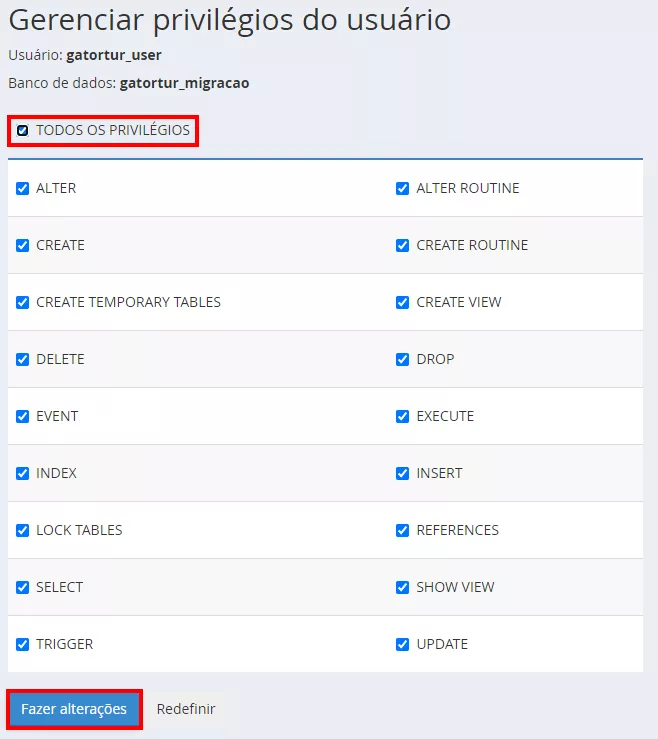 Garantindo todos os privilégios ao usuario do banco no menu banco de dados MySQL