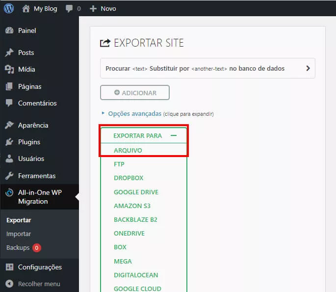 exportando o wordpress em arquivo para migrar o site