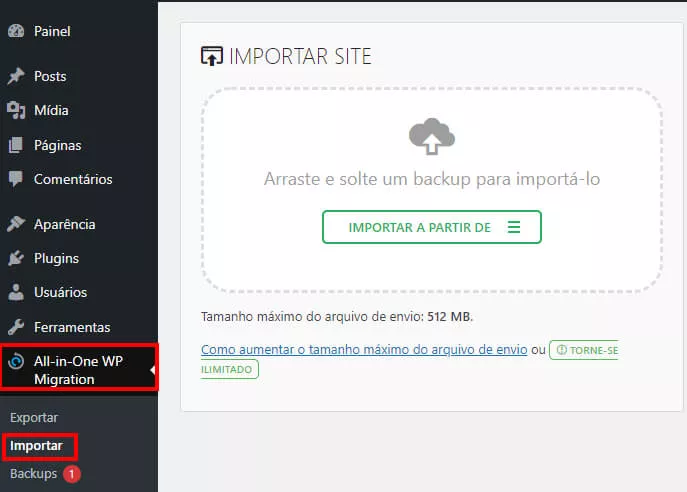 importando o site wordpress por plugin para migrar