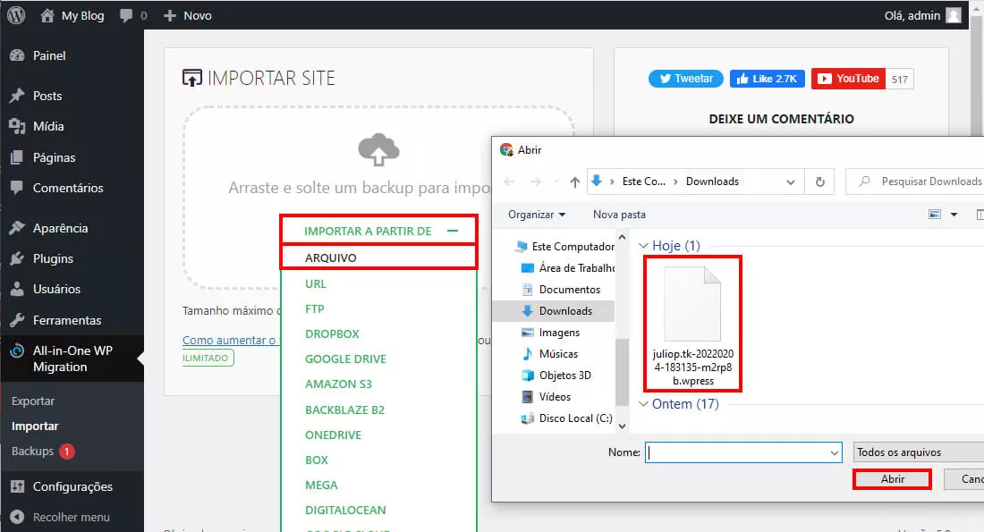selecionando o arquivo de exportação para migrar o site wordpress