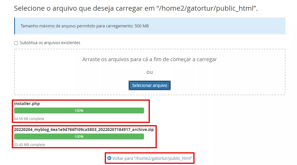 voltando ao menu do gerenciador de arquivos após finalizar o upload dos arquivos de exportação