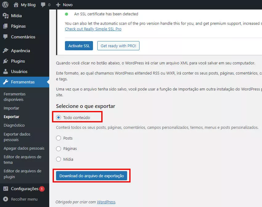 exportando todo conteudo do wordpress