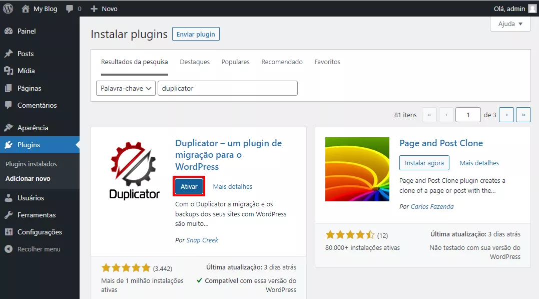 ativando plugin duplicator no wordpress para migrar