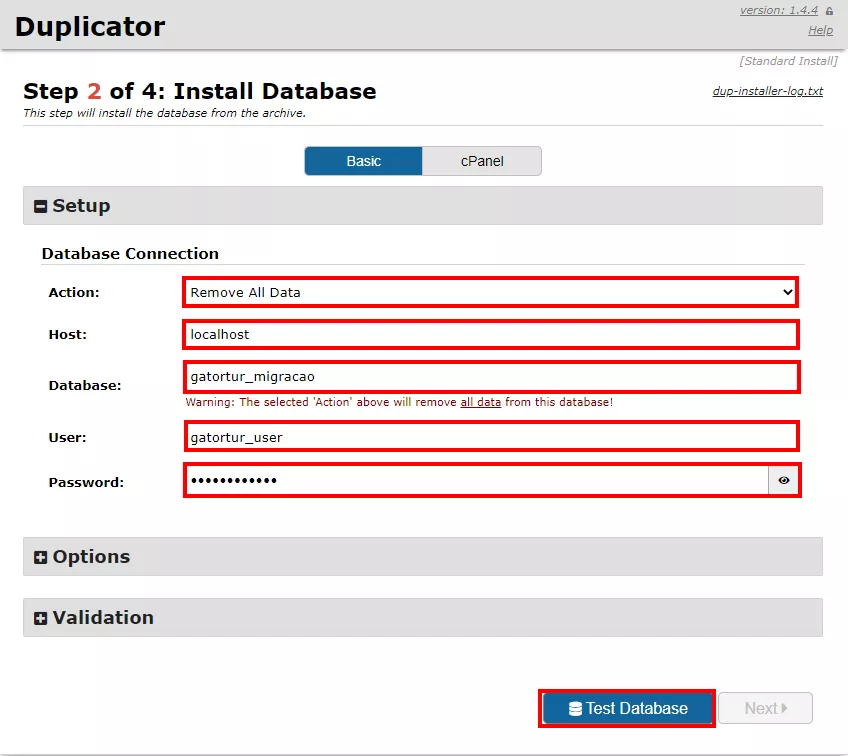 preenchendo os dados do banco de dados no menu de importação do duplicator para migrar wordpress