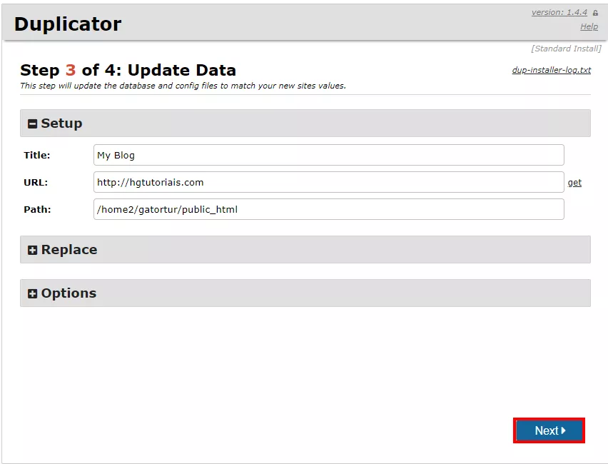 configurações do site a ser importado no menu de importação do duplicator para migrar wordpress