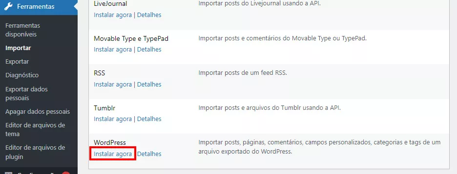 Instalando o importador do WordPress