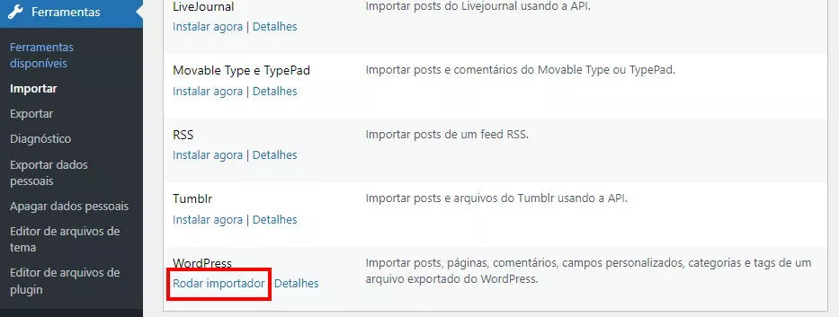 Ativando o importador do WordPress