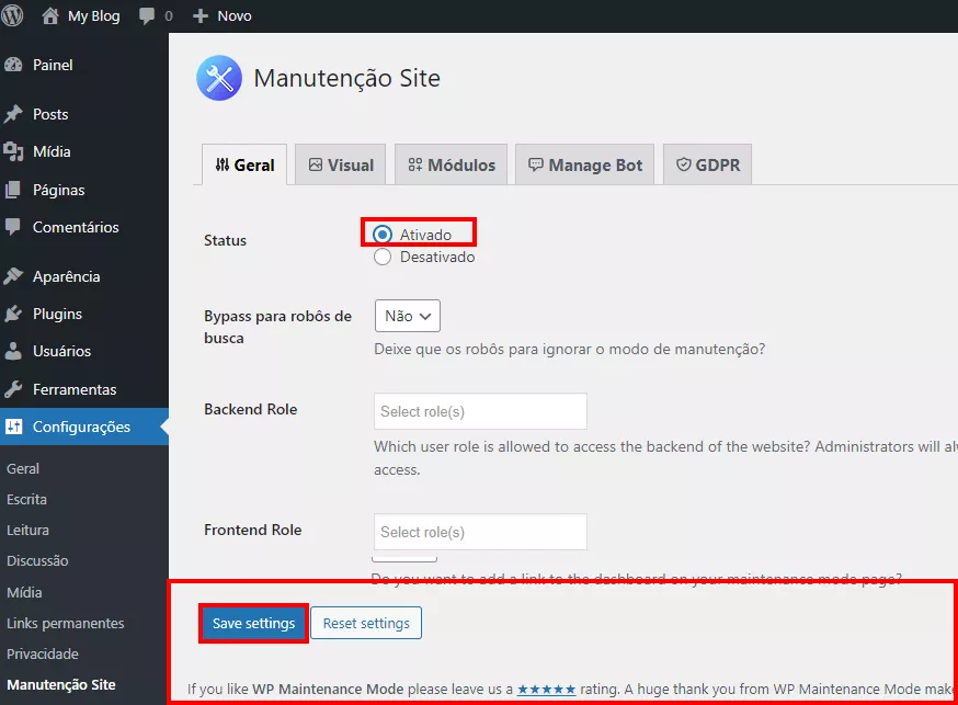 interface geral do modo manutenção do wordpress
