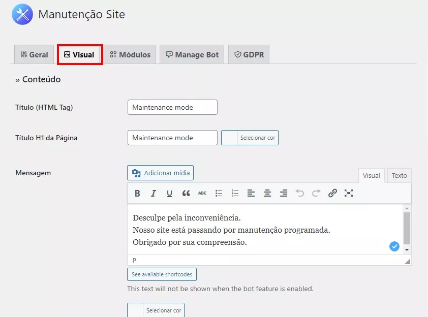 interface visual do modo manutenção do wordpress