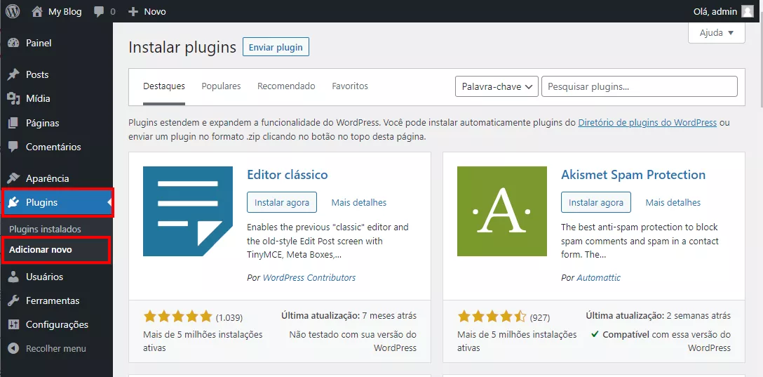 Adicionar novo plugin no wp-admin