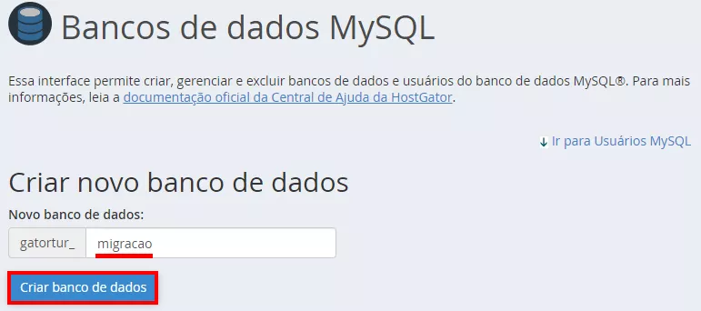 criando um banco de dados no menu banco de dados MySQL